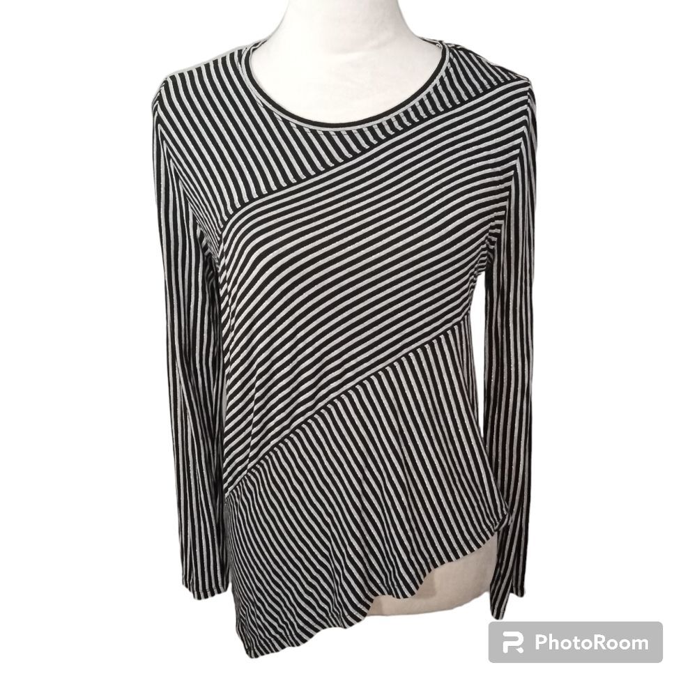 DKNY Asymetrical Hem Striped Long Sleeve Shirt Size M
